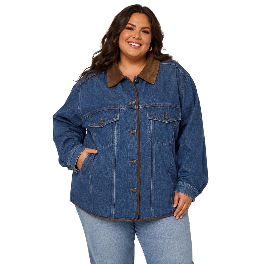 VINTAGE Carole Little Denim Barn Chore Coat Jacket Suede Collar Trim 3X Plus